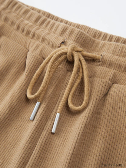 Camel Drawstring Ribbed Trendy Wide Leg Pants