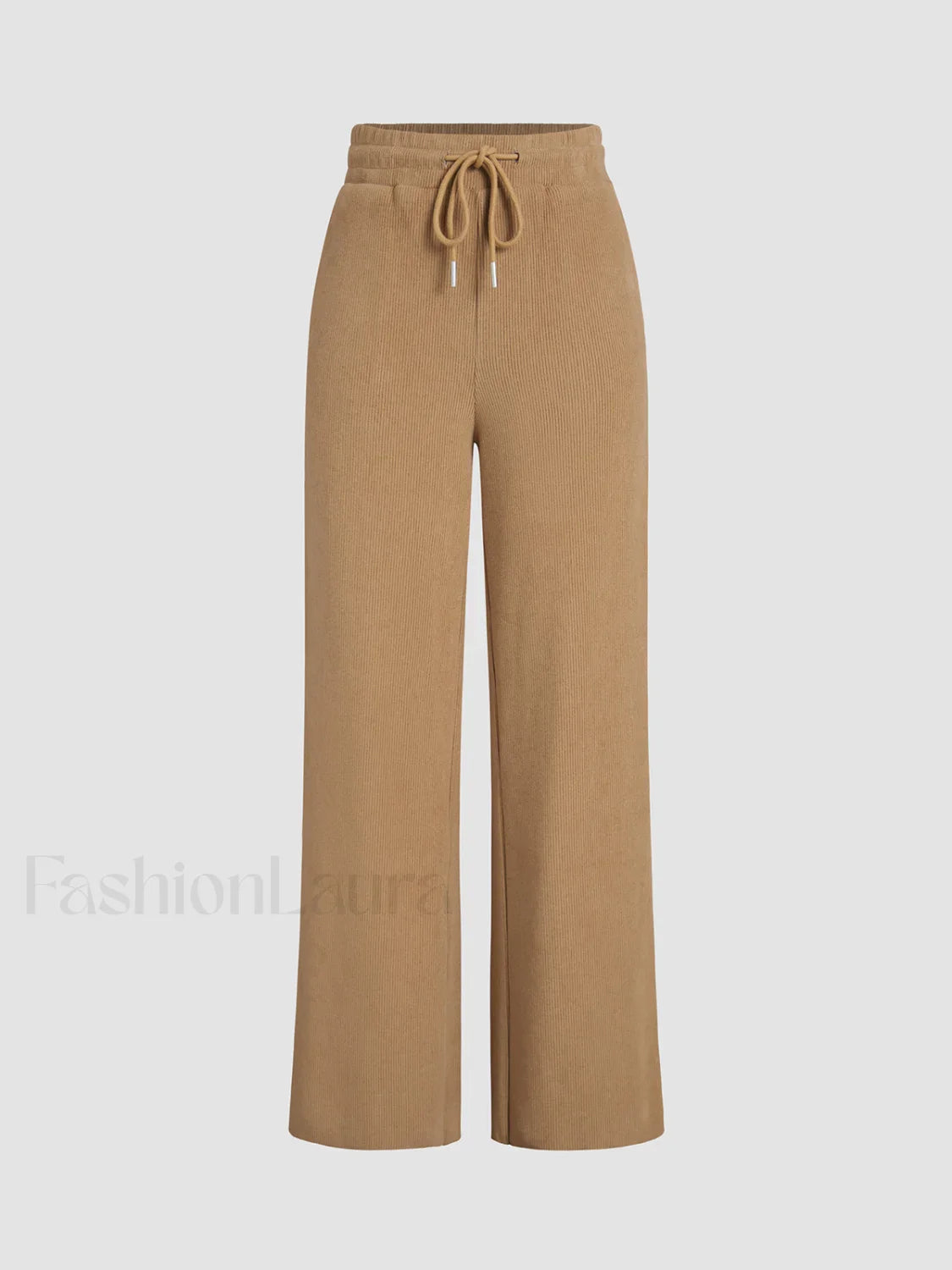 Camel Drawstring Ribbed Trendy Wide Leg Pants