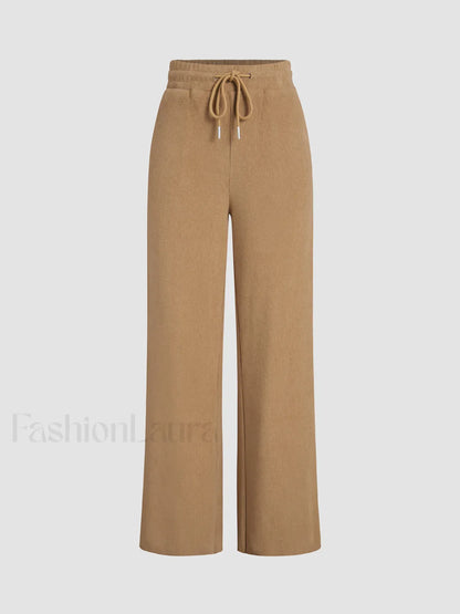 Camel Drawstring Ribbed Trendy Wide Leg Pants
