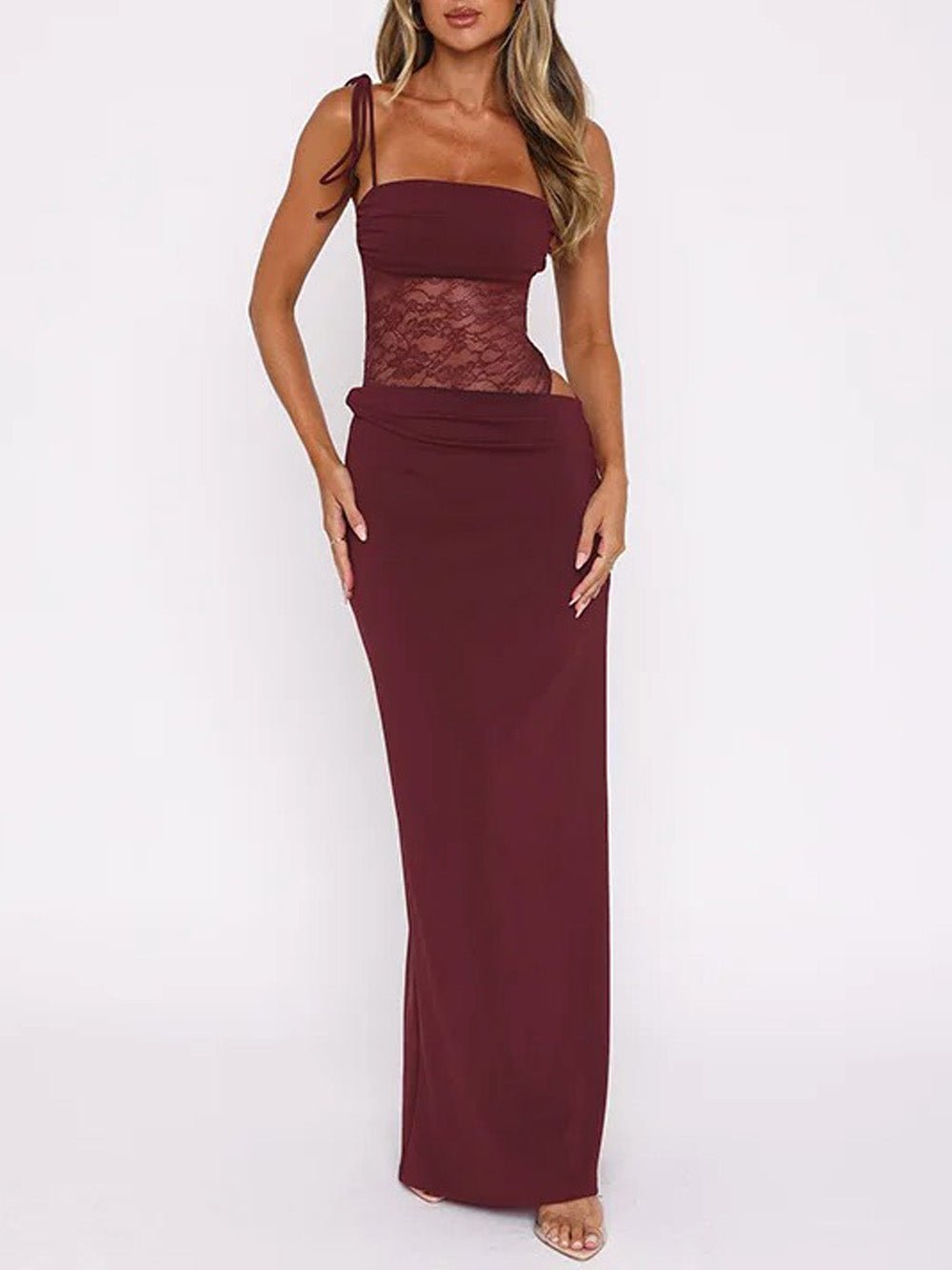 Bandeau Tie Strap Lace Splice Waist Panel Column Maxi Dress