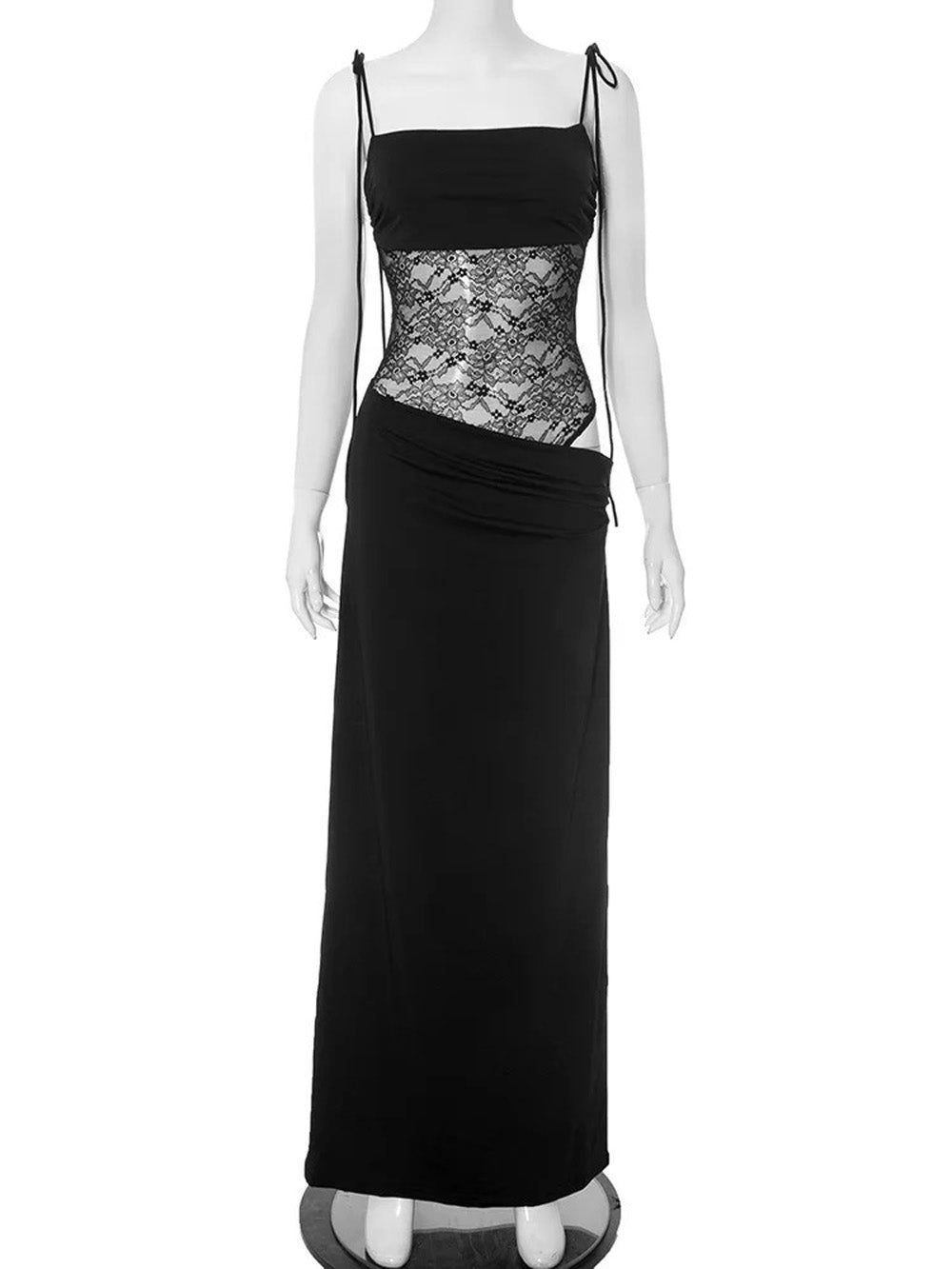 Floral Lace Panel Hip Cutout Spaghetti Strap Bodycon Maxi Dress