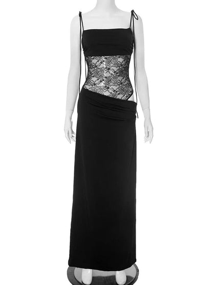 Floral Lace Panel Hip Cutout Spaghetti Strap Bodycon Maxi Dress