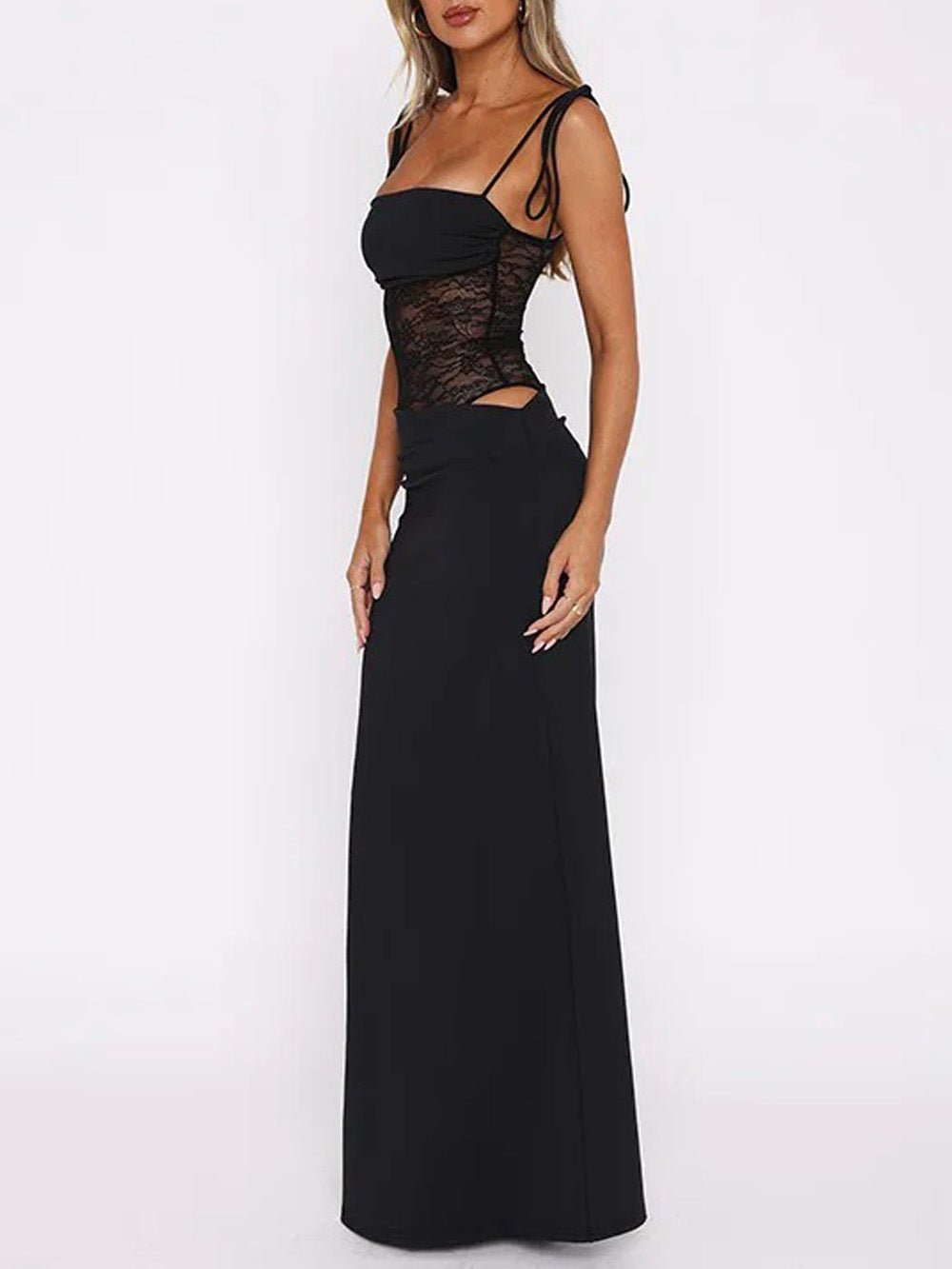 Floral Lace Panel Hip Cutout Spaghetti Strap Bodycon Maxi Dress