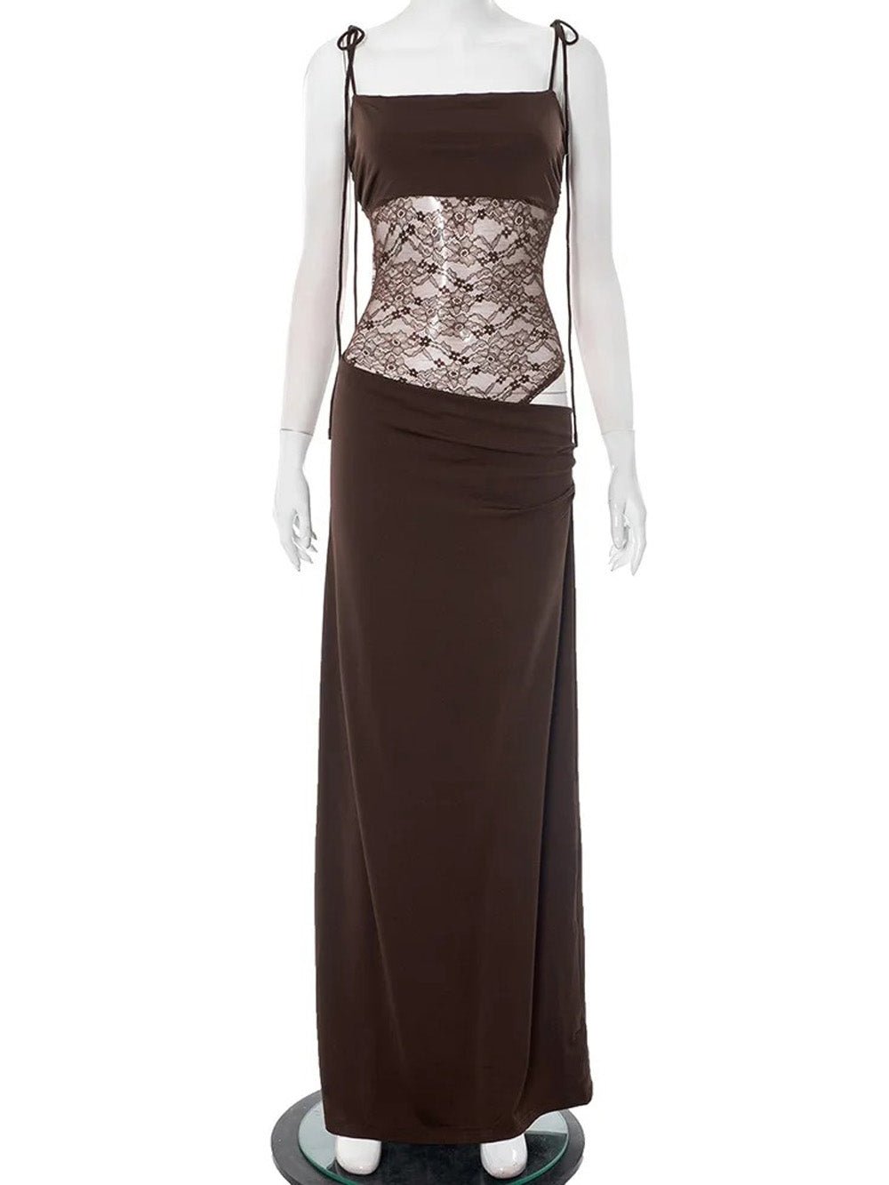 Bandeau Tie Strap Lace Splice Waist Panel Column Maxi Dress