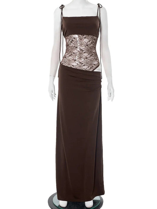 Bandeau Tie Strap Lace Splice Waist Panel Column Maxi Dress