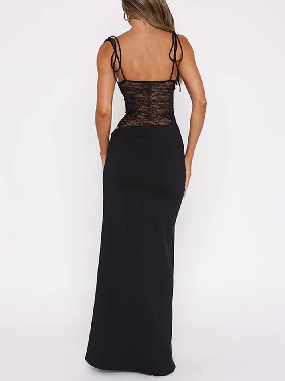 Floral Lace Panel Hip Cutout Spaghetti Strap Bodycon Maxi Dress