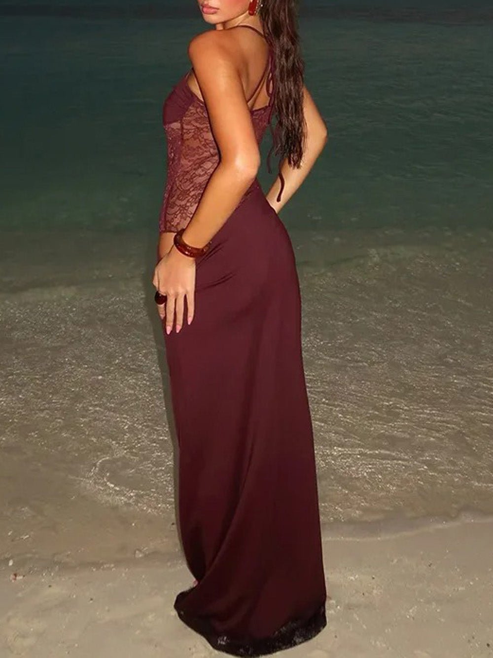 Bandeau Tie Strap Lace Splice Waist Panel Column Maxi Dress
