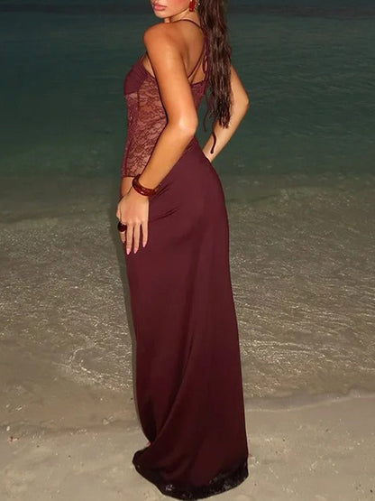 Bandeau Tie Strap Lace Splice Waist Panel Column Maxi Dress