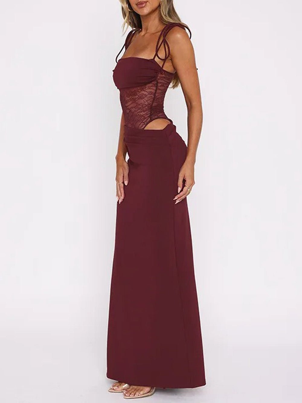 Bandeau Tie Strap Lace Splice Waist Panel Column Maxi Dress