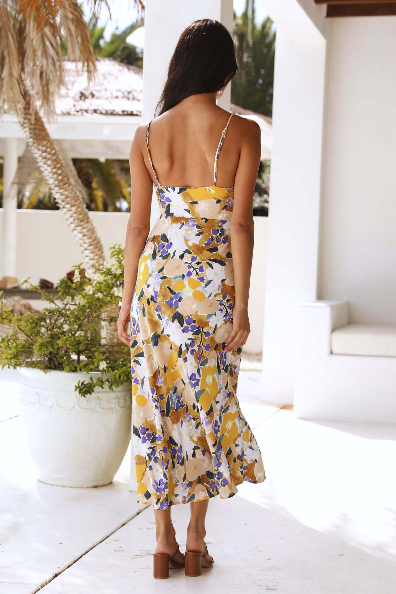 Abstract Floral Spaghetti Strap Sweetheart Cutout High Slit Midi Dress