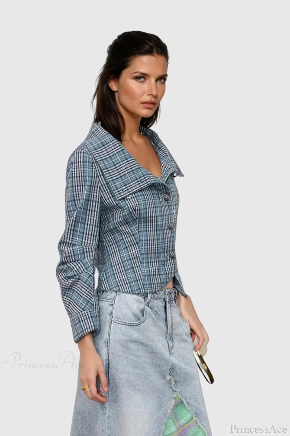 Candlestick Print Plaid Ruched Stand Collar Coat