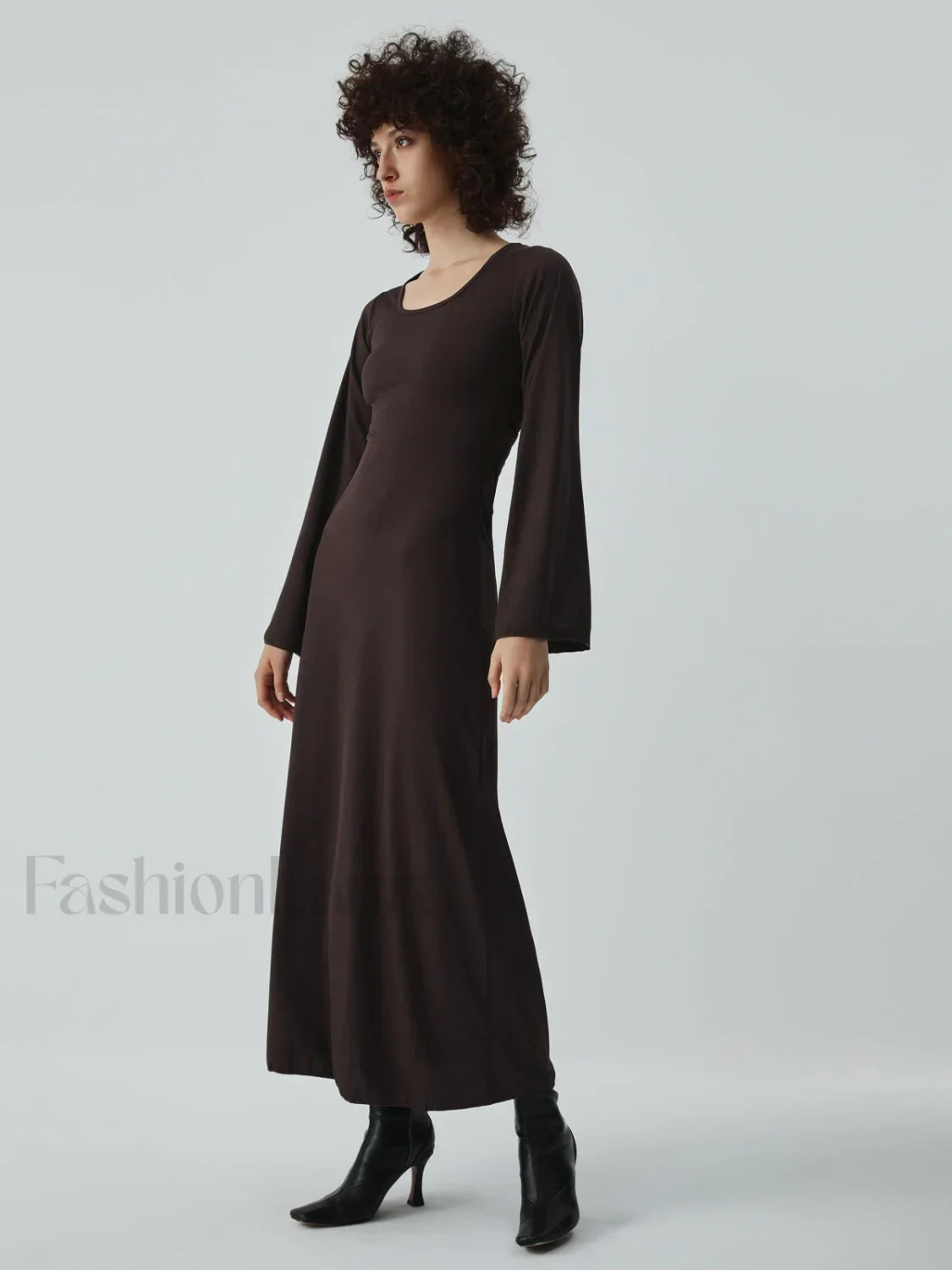 Caramel Flare Long Trendy Sleeve Knit Long Dress