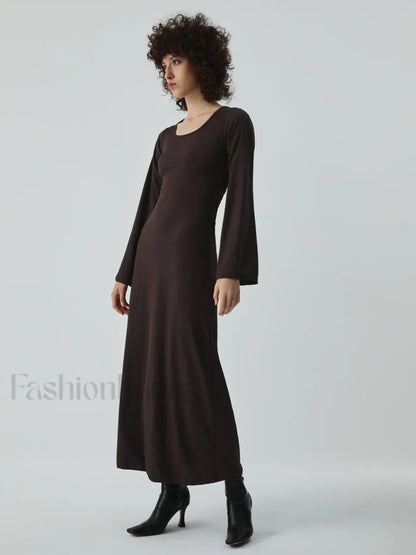 Caramel Flare Long Trendy Sleeve Knit Long Dress