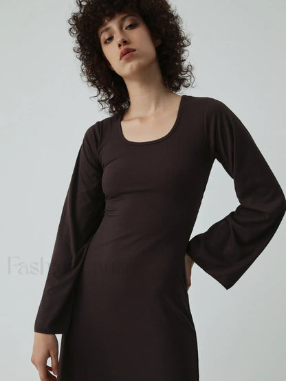 Caramel Flare Long Trendy Sleeve Knit Long Dress