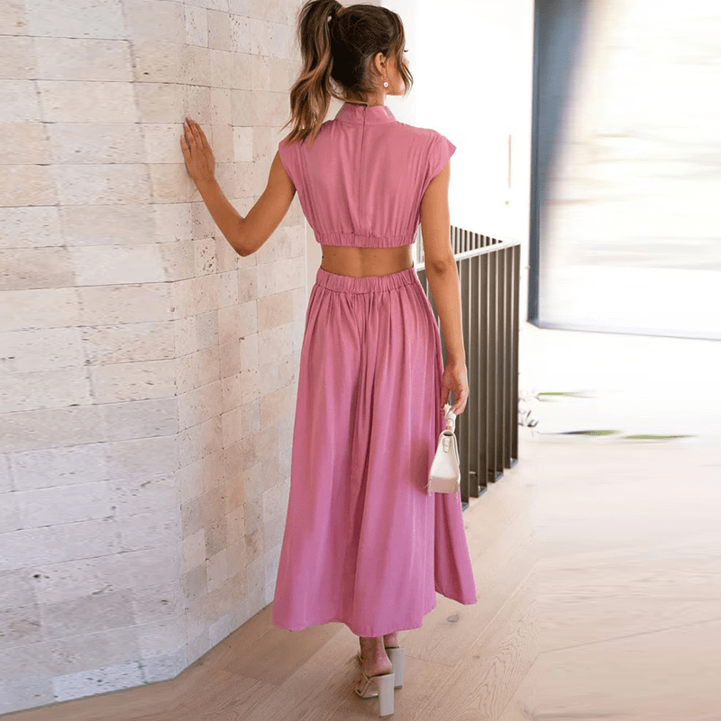 Mock Neck Ruched Bodice Waist Cutout Pocket Midi Dress