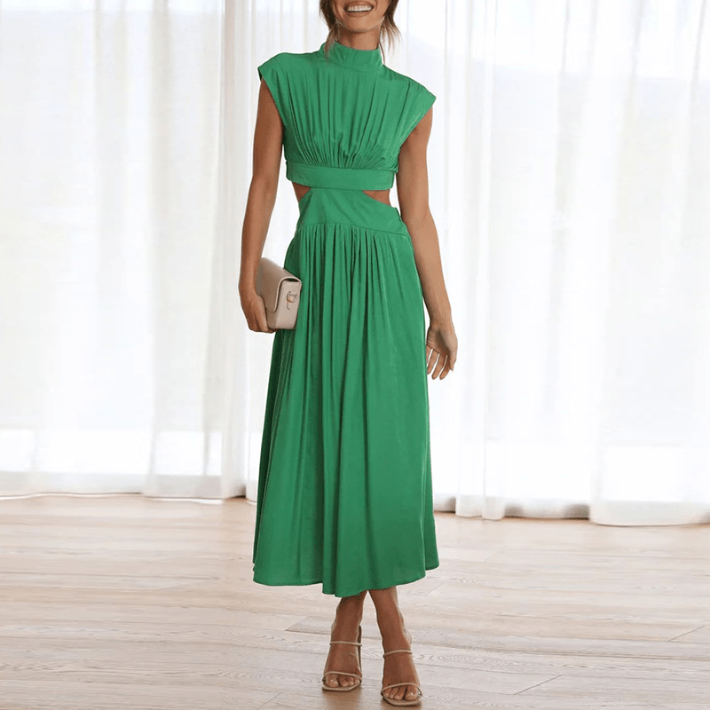Mock Neck Ruched Bodice Waist Cutout Pocket Midi Dress