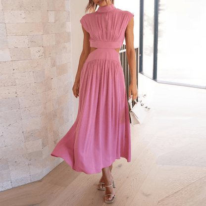 Mock Neck Ruched Bodice Waist Cutout Pocket Midi Dress
