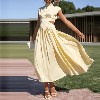 Mock Neck Ruched Bodice Waist Cutout Pocket Midi Dress