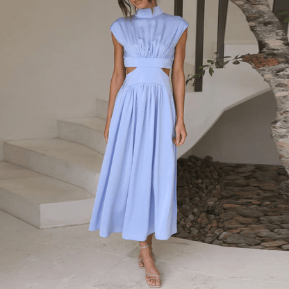 Mock Neck Ruched Bodice Waist Cutout Pocket Midi Dress