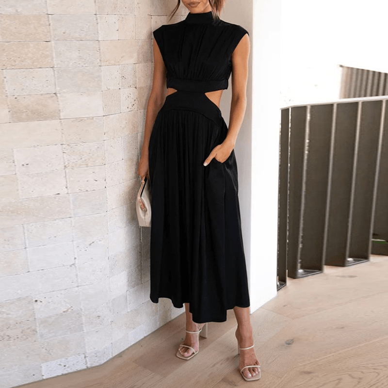 Mock Neck Ruched Bodice Waist Cutout Pocket Midi Dress
