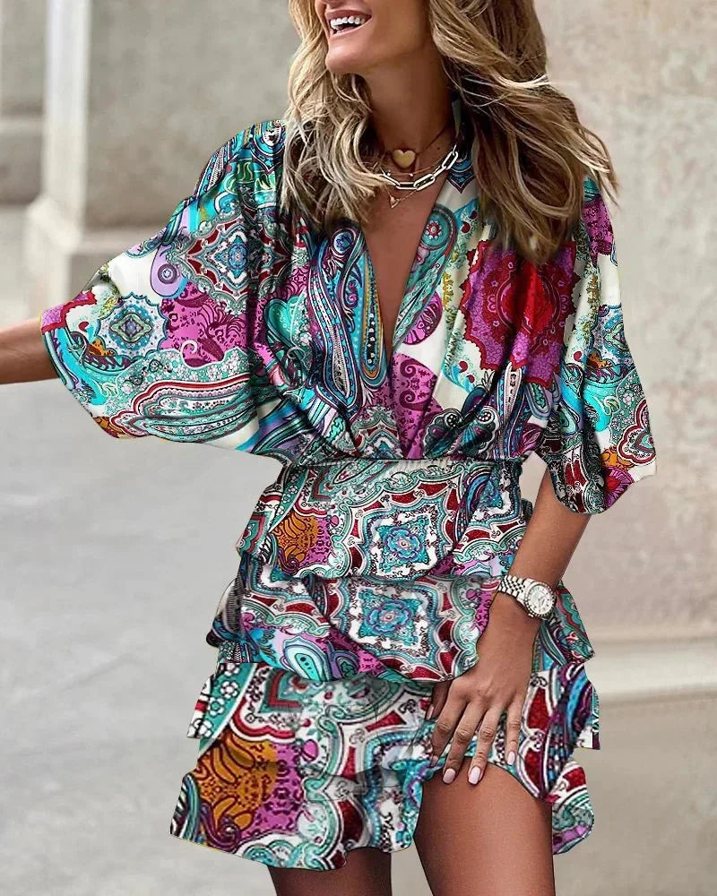Deep V Neck Smocked Waist Kimono Sleeve Tiered Ruffle Floral Mini Dress