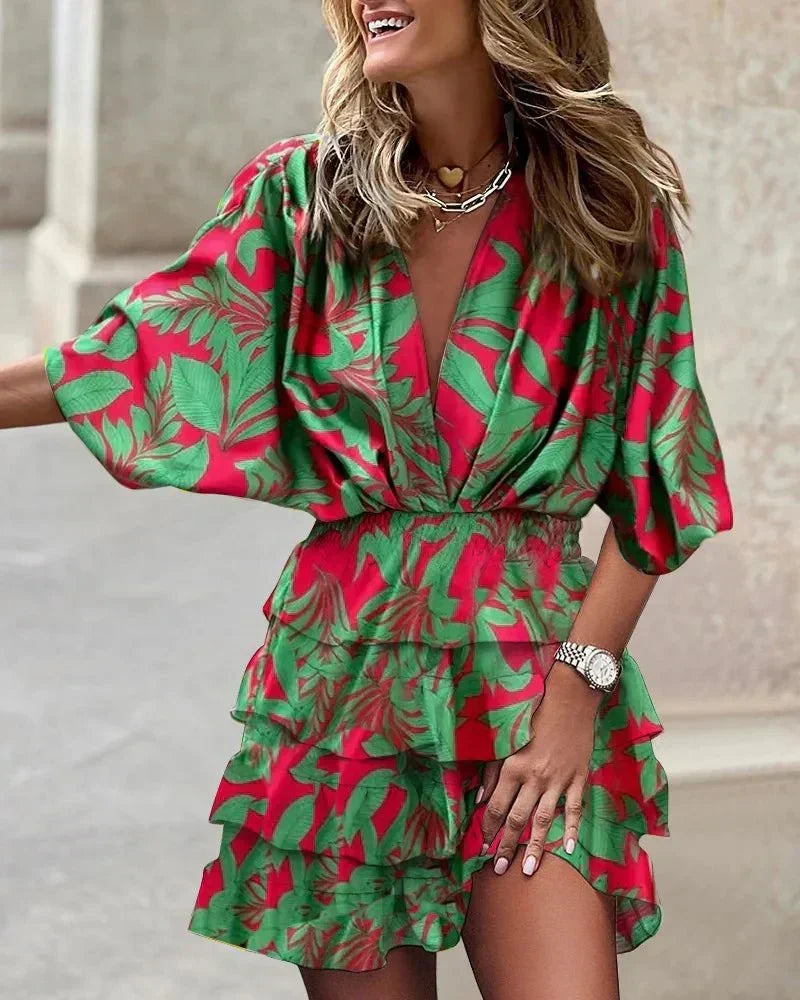 Deep V Neck Smocked Waist Kimono Sleeve Tiered Ruffle Floral Mini Dress
