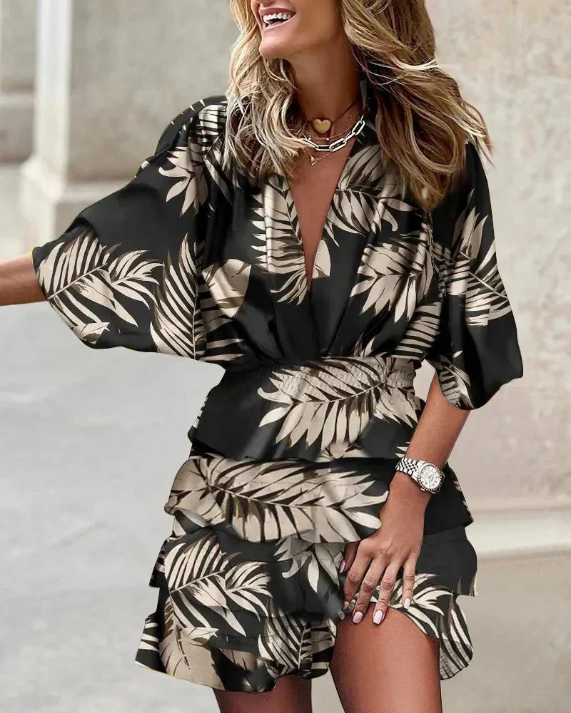 Deep V Neck Smocked Waist Kimono Sleeve Tiered Ruffle Floral Mini Dress