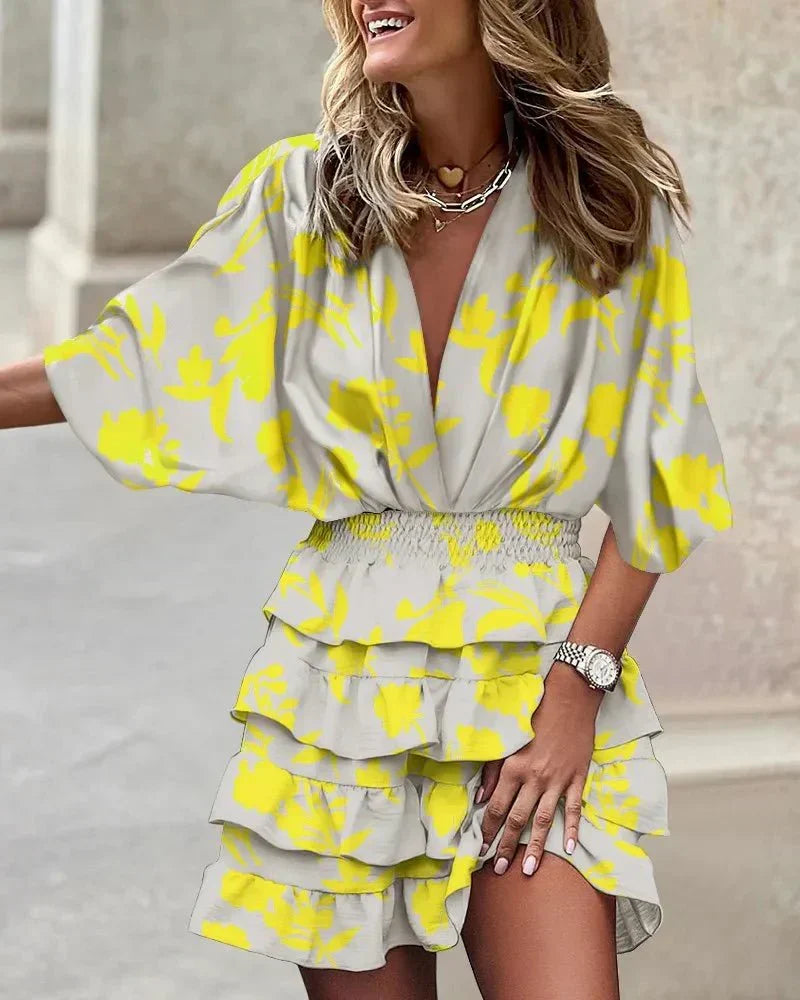 Deep V Neck Smocked Waist Kimono Sleeve Tiered Ruffle Floral Mini Dress