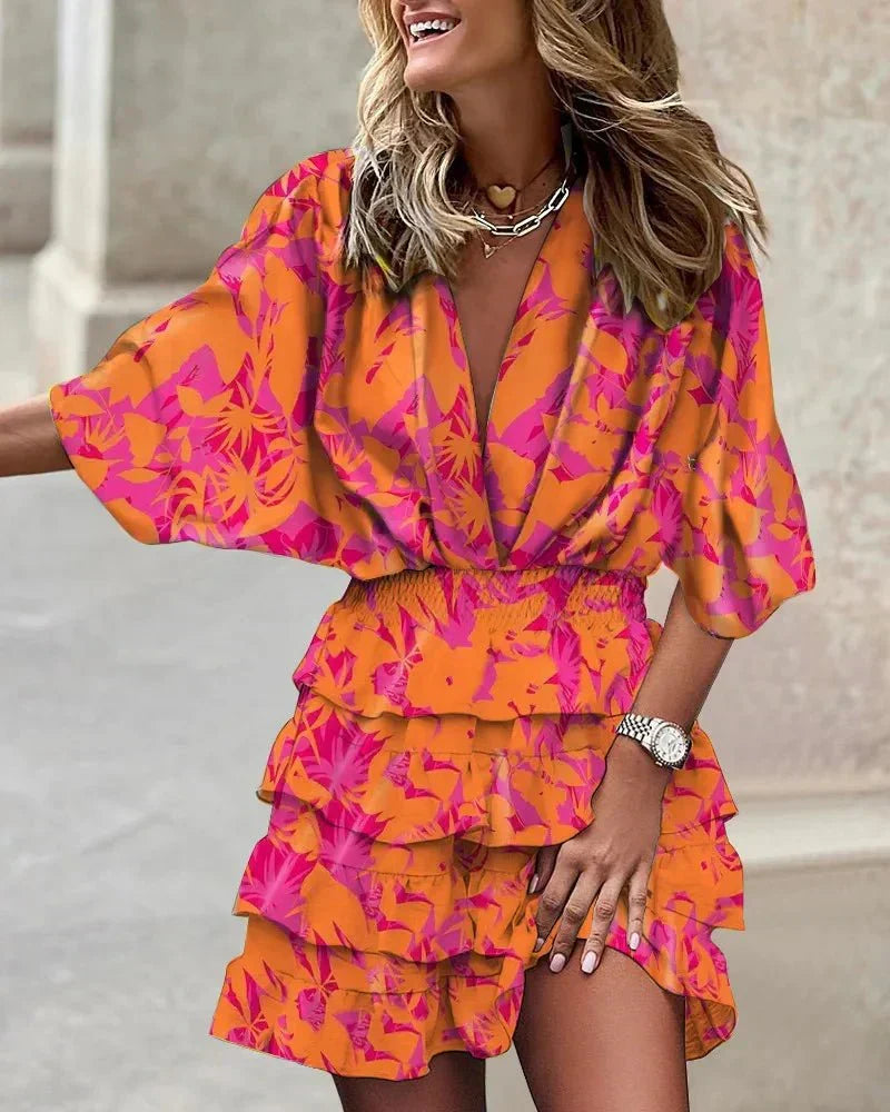 Deep V Neck Smocked Waist Kimono Sleeve Tiered Ruffle Floral Mini Dress