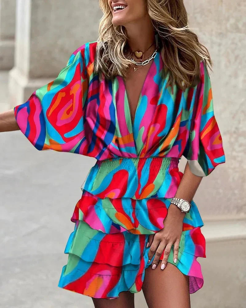 Deep V Neck Smocked Waist Kimono Sleeve Tiered Ruffle Floral Mini Dress
