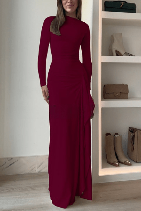 Crew Neck Long Sleeve Ruched Draped Side Cascade Maxi Dress