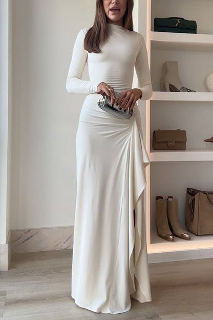 Crew Neck Long Sleeve Ruched Draped Side Cascade Maxi Dress