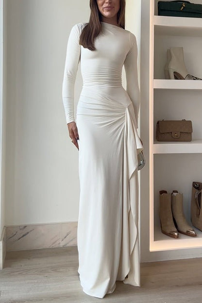 Crew Neck Long Sleeve Ruched Draped Side Cascade Maxi Dress
