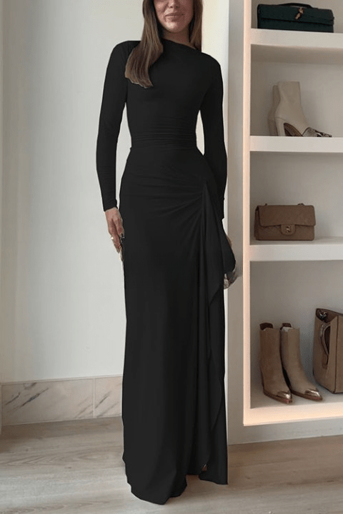Crew Neck Long Sleeve Ruched Draped Side Cascade Maxi Dress
