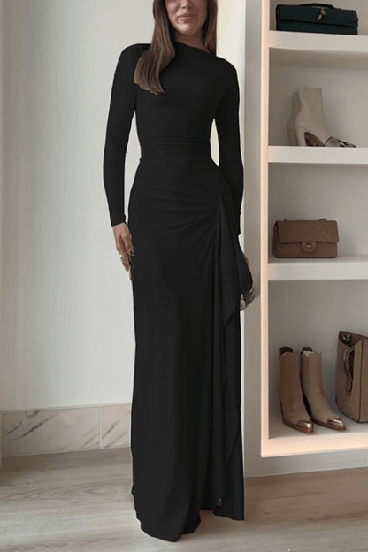 Crew Neck Long Sleeve Ruched Draped Side Cascade Maxi Dress