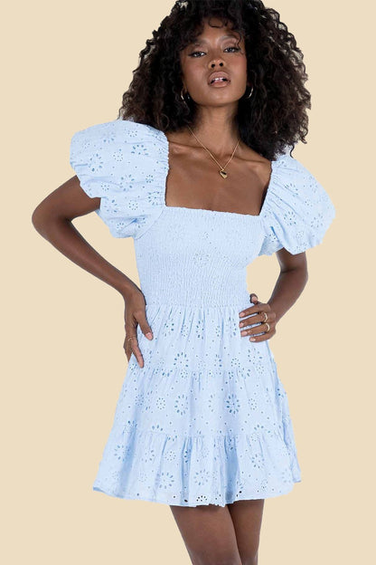 Eyelet Embroidery Smocked Square Neck Puff Sleeve Tiered Ruffle Mini Dress