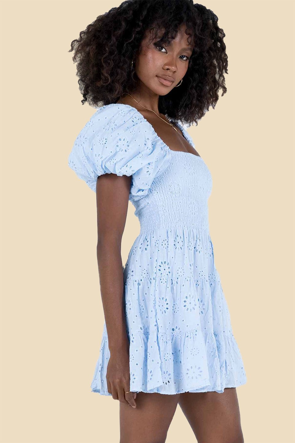 Eyelet Embroidery Smocked Square Neck Puff Sleeve Tiered Ruffle Mini Dress