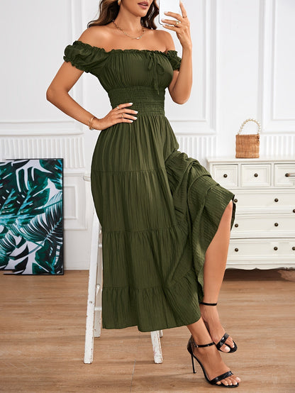 Off-Shoulder Smocked Puff Sleeve Tie Front Tiered Crinkle Maxi Dress