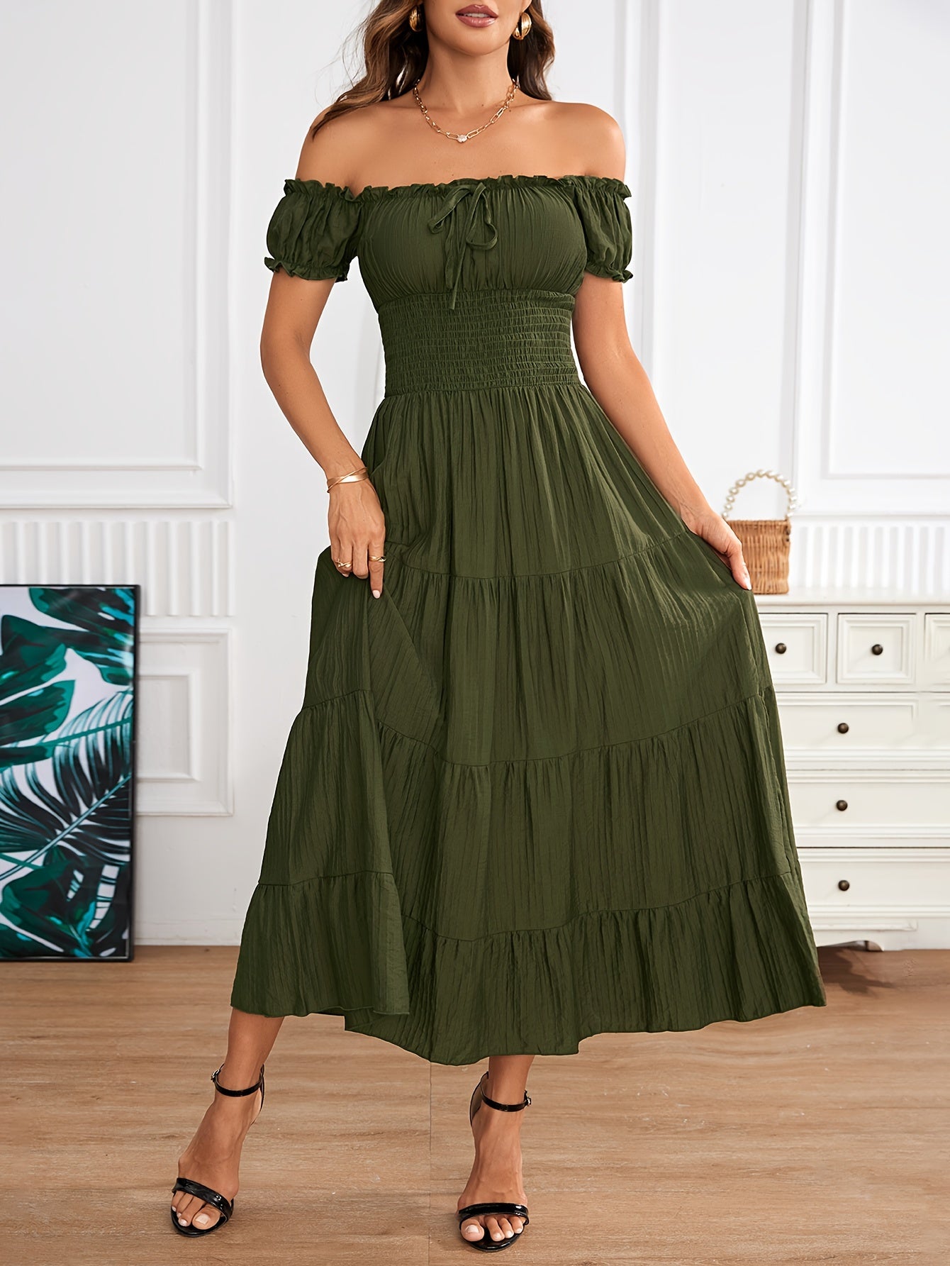 Off-Shoulder Smocked Puff Sleeve Tie Front Tiered Crinkle Maxi Dress