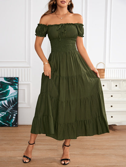 Off-Shoulder Smocked Puff Sleeve Tie Front Tiered Crinkle Maxi Dress