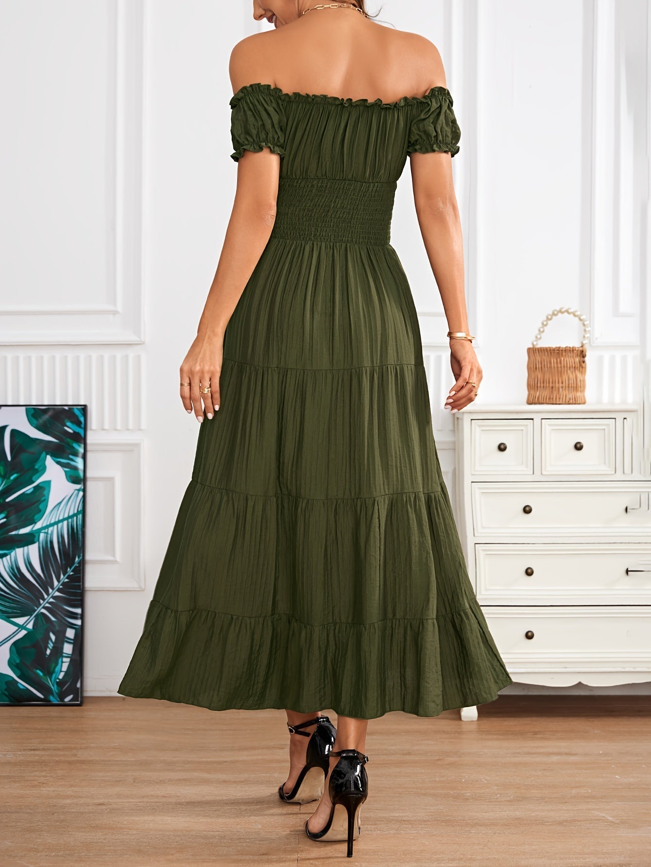 Off-Shoulder Smocked Puff Sleeve Tie Front Tiered Crinkle Maxi Dress