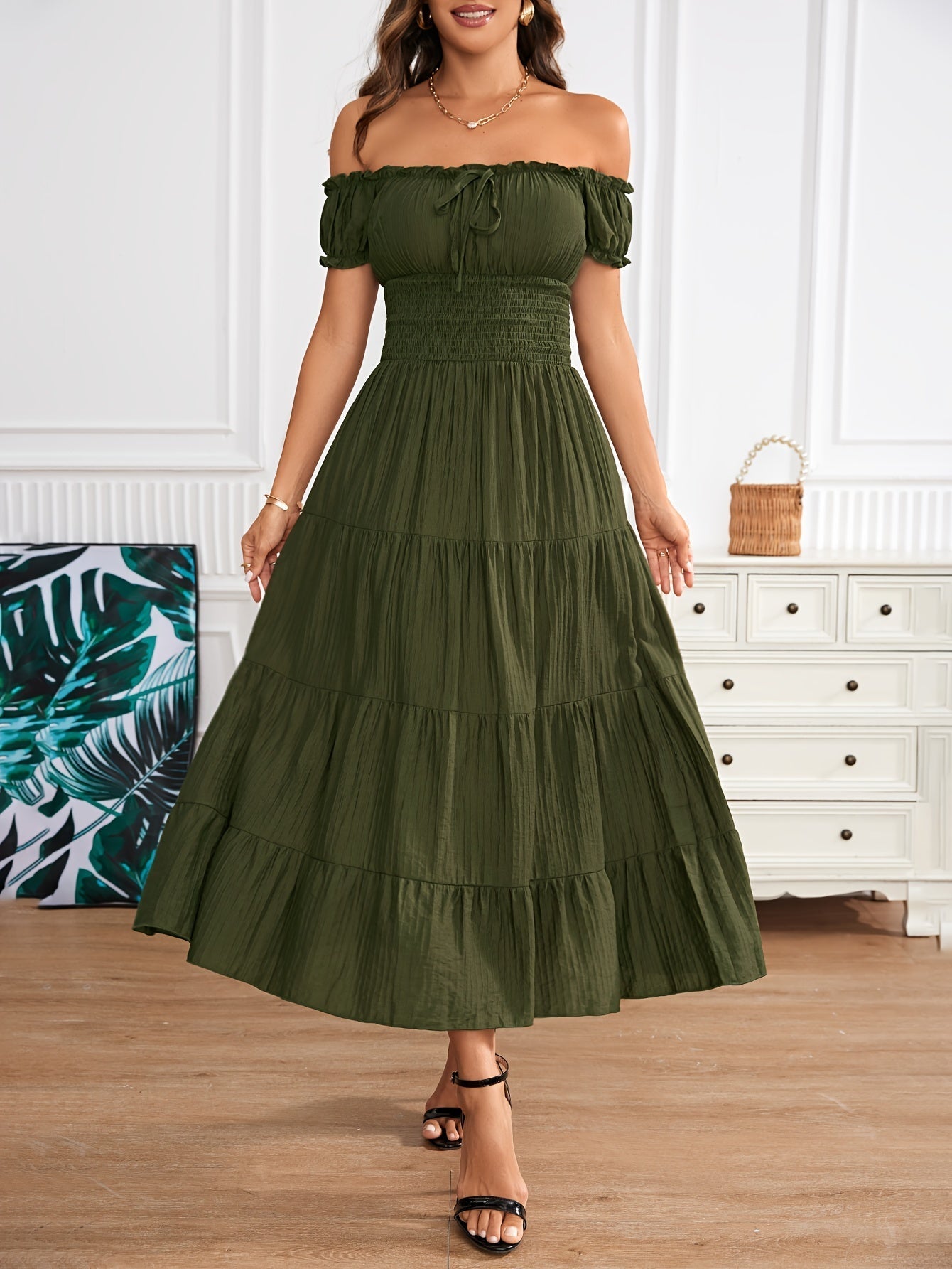 Off-Shoulder Smocked Puff Sleeve Tie Front Tiered Crinkle Maxi Dress