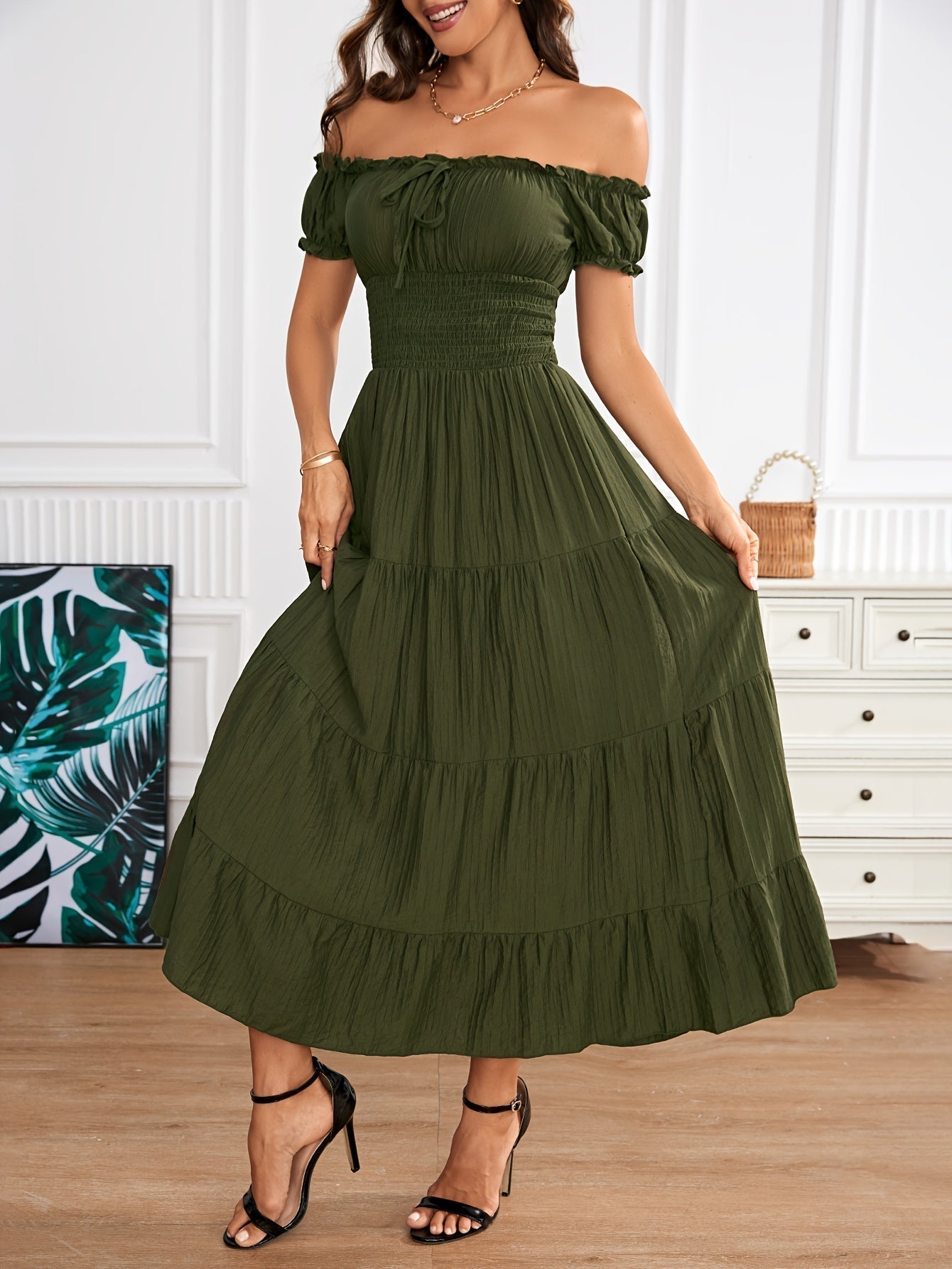 Off-Shoulder Smocked Puff Sleeve Tie Front Tiered Crinkle Maxi Dress