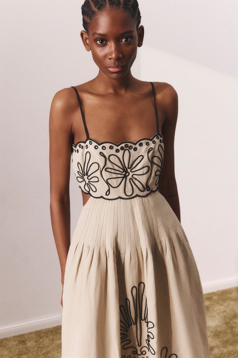 Scalloped Embroidery Crop Cami Pleated Wide Leg Linen Set