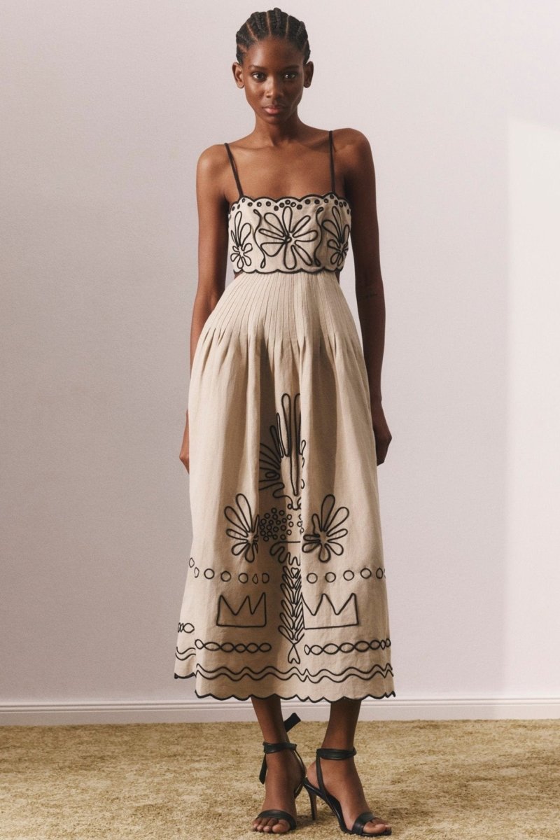Scalloped Embroidery Crop Cami Pleated Wide Leg Linen Set