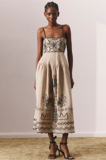 Scalloped Embroidery Crop Cami Pleated Wide Leg Linen Set