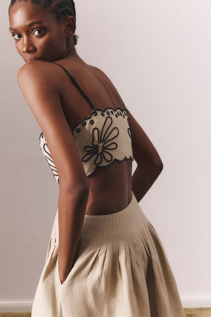 Scalloped Embroidery Crop Cami Pleated Wide Leg Linen Set