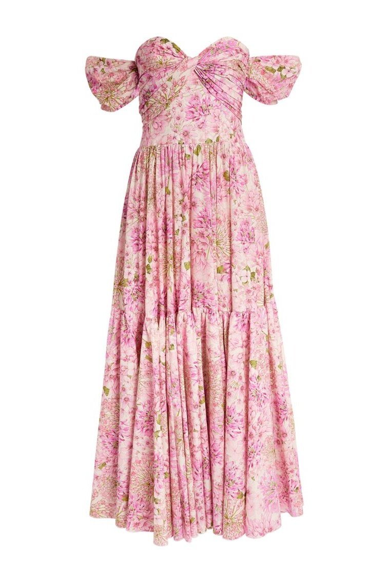 Floral Print Off-the-Shoulder Ruched Twist Bodice Midi Dress