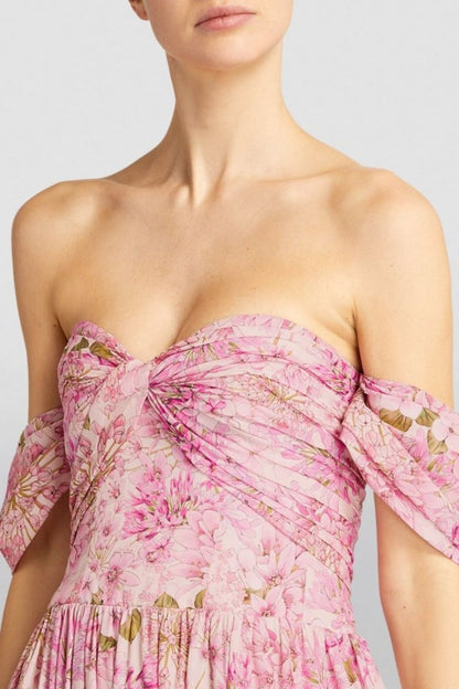 Floral Print Off-the-Shoulder Ruched Twist Bodice Midi Dress