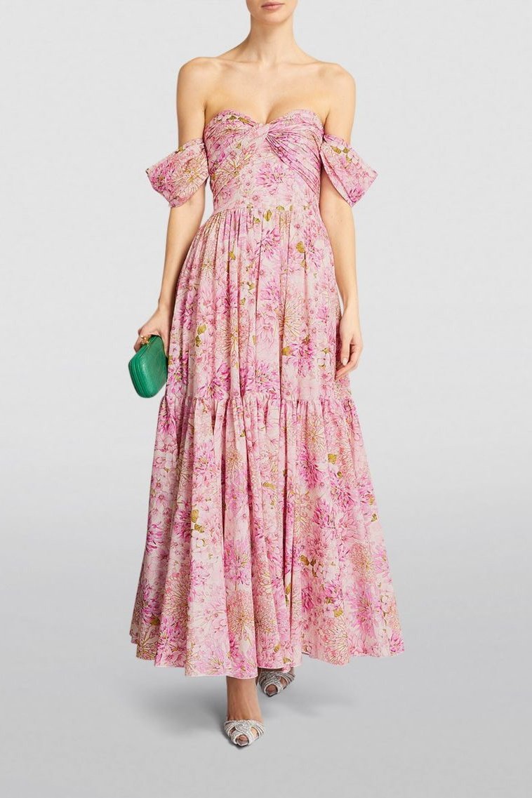 Floral Print Off-the-Shoulder Ruched Twist Bodice Midi Dress